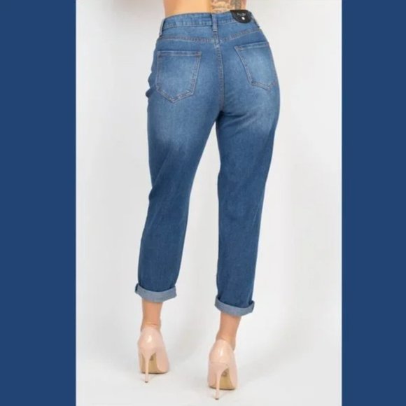 NWT Rhinestone Stud Distressed Jeans High Rise High Waist Straight Crop Junior - Picture 2 of 2